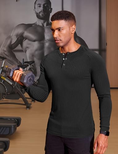 COOFANDY Men's Muscle T-Shirt Slim Fit Long Sleeve Henley Shirts Casual Gym Workout Athletic Tee Shirts3