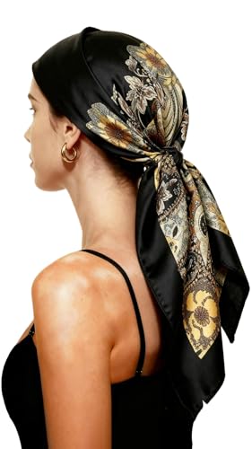 Bomabaolo 35 Headscarf for WomenSquare Silk-Like Headscarf Breathable Fashion Bandana Multiple ColorsWomens Gifts (Vintage Black)