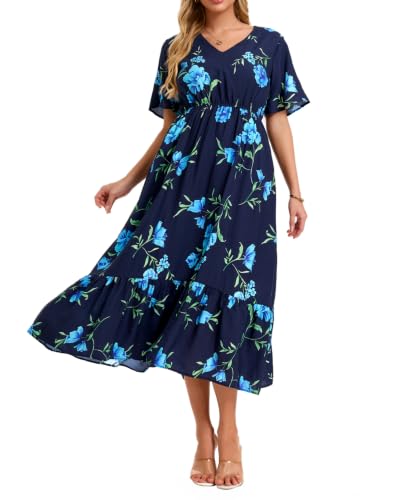 Image of Women's Summer Short Sleeve Maxi Floral Flowy Dresses with Pockets