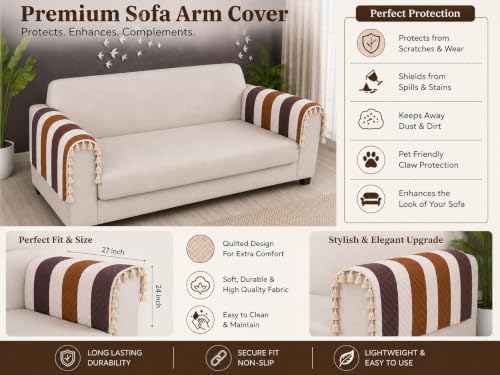 Image of Velvet Quilted Sofa Armrest Covers (Pack of 2) | Stripes | Anti-Slip Soft Washable Arm Covers with Tassels | 24 x 27 Inches (Half)