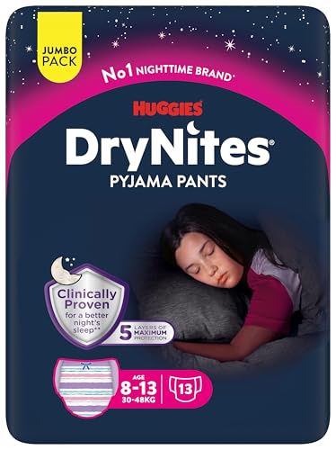 Huggies DryNites Pañales para niña 8-15 (27-57 kg), Clínicamente probado con 5 capas de máxima protección nocturna, 4 packs de 13, Total 52 pañales desechables de noche