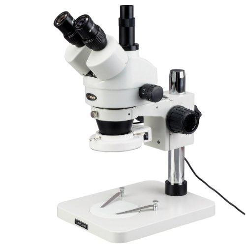 Image of AmScope SM-1TS-144S Professional Trinocular Stereo Zoom Microscope, WH10x Eyepieces, 7X-45X Magnification, 0.7X-4.5X Zoom Objective, 144-Bulb LED Ring Light, Pillar Stand, 110V-240V