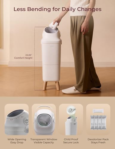 Image of Momcozy Diaper Pail with Patented Triple-Seal Odor Control, Wide Opening, Ergonomic Height, Large Capacity with Viewing Window, Childproof Lock, Fits Standard Trash Bags