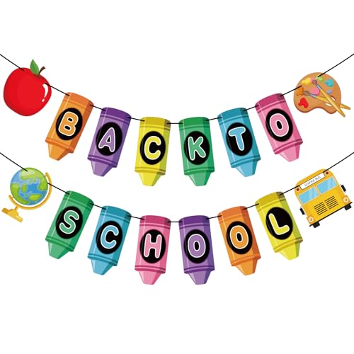 Image of Back to School Banner First Day of School Garland Crayon Apple Classroom Decorations for Teacher Kindergarten Preschool Classroom Office Bulletin Board Decor Photo Backdrop Party Favors