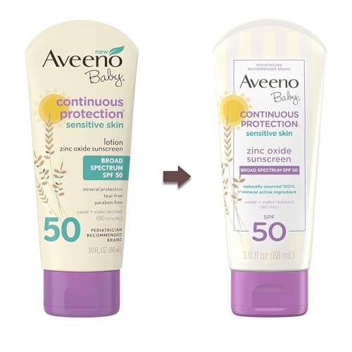 AVEENO Baby Continuous Protection Sensitive Skin Lotion Zinc Oxide Sunscreen SPF 50 3 oz
