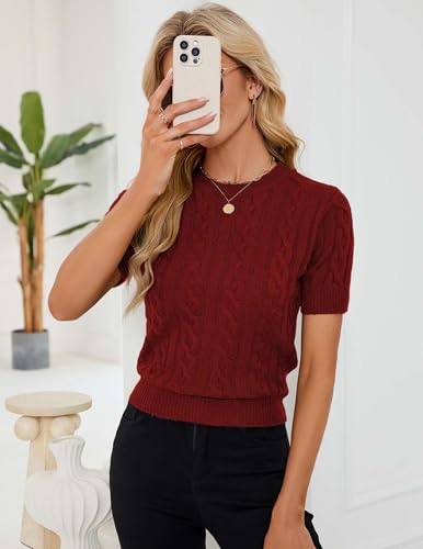 Image of Libsorge Womens Cropped Short Sleeve Sweater Fall 2025 Crewneck Sheer Knit Tops - Lightweight, Thin, Crop, Slim Fit