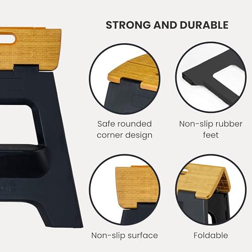 Image of Vigar Compact Folding Step Stool, 16 in 2 Step, Black Bamboo Print