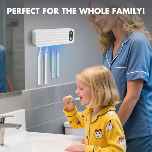 Auntyfey Sanitizeri Toothbrush Cleaner with 5 Slots, Smart Sanitizeri Toothbrush Holder Organizer, Cordless No Drilling Wall Mounted Rechargeable Holders for Bathroom Family, 200/400s Timer Function