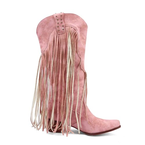 Image of KiutSymo Mid Calf Fringe Boots For Women Cowboy Pointed Toe Chunky Heels Cowgirl Western Tassel Boots
