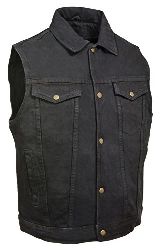 Men's Motorcycle Riding Shirt Collar Black Denim Vest 100% Cotton W/Gun Pockets (L Regular)