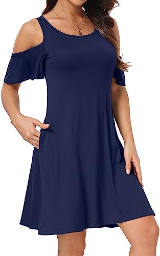 Image of Short /Long Sleeve Women's Cold Shoulder Dress with Pockets Casual Swing T-Shirt Dresses