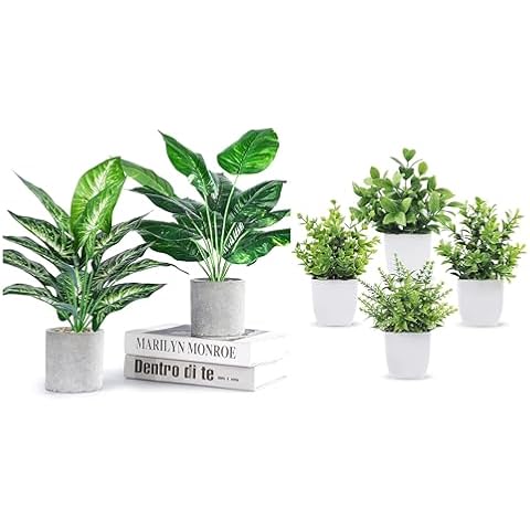 Der Rose Bundle of 2pcs 16" Fake Plants Artificial Plants and 4 Pack Fake Plants Greenery Potted Plants for Home Decor Indoor Office Table Room Farmhouse Cover