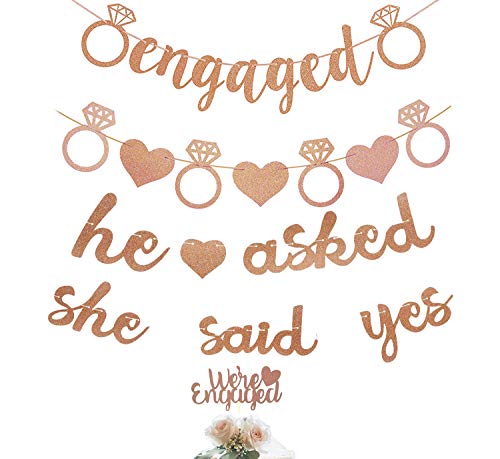 Rose Gold Glittery He Asked She Said Yes Banner, Engaged Banner, Love Heart and Diamond Ring Banner and We’re Engaged Cake Topper for Wedding, Engagement, Bridal Shower Bachelorette Party Decorations