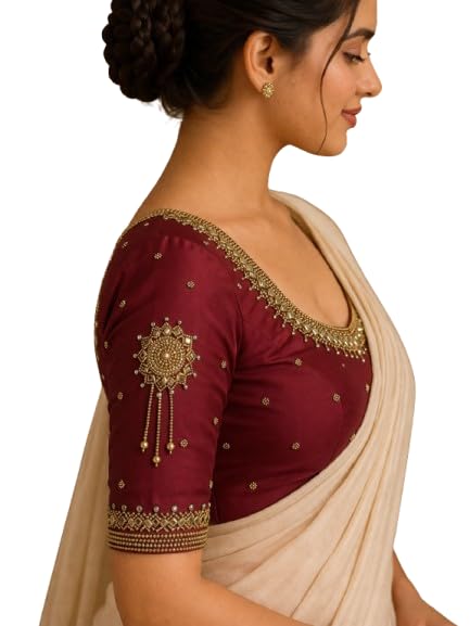 Maggam Aari Hand Made Heavy Work Blouse Piece – 1 Meter Unstitched, Zari Embroidery Designer Silk Blend Blouse Material for Women Wedding & Bridal Wear-image-10