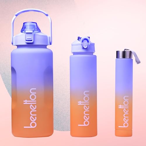 Image of United Colors of Benetton 3-in-1 Water Bottle Set, 2000ML + 750 ML + 300 ML Assorted Bottles, Leakproof Reusable Drinking Bottles with Multi-Lid Options, Durable Sports /Gym /Travel Bottle