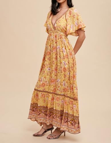 Image of R.Vivimos Women's Summer V Neck Maxi Dress Boho Floral Print Short Sleeve Elastic Waist Ruffle Patchwork A-Line Beach Dress