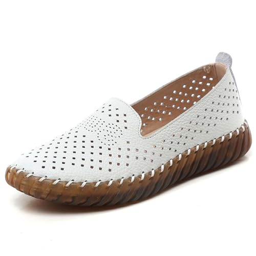 Image of Women's Handmade Leather Casual Beef Tendon Soft Sole Loafers Comfortable Round Toe Breathable Oxford Arch Support Walking Shoes