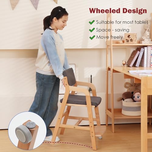 Image of Swegrow Wooden High Chair with 2 Wheels, Adjustable Seat - Backrest - Footrest Heights, Wooden High Chair for Toddlers - Kids and Baby, Kids Dining Chair with Removable Cushion(Gray)