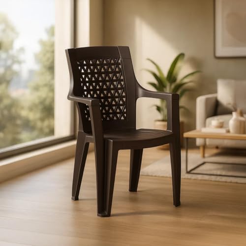Image of Nilkamal Elevate Plastic Chair with Arm | Stackable Chair | for Living Room, Bed Room, Kitchen, Balconies, Outdoor | Season Rust Brown