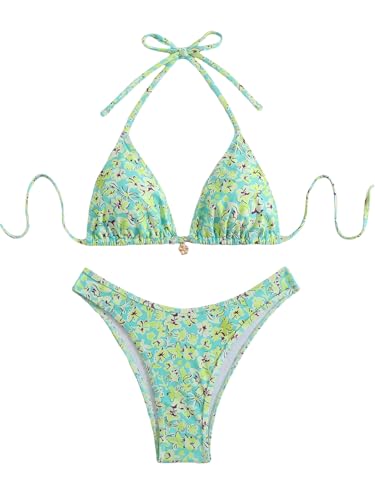 Women's High Waist Ditsy Floral Print Bathing Suit Halter Summer Swimsuit Bikini Set
