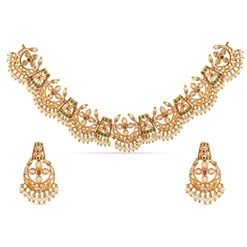 TARINIKA Antique Gold Plated Vaikha Short Necklace Set with Floral Design - Indian Jewelry Sets for Women | Perfect for Ethnic Occasions | Traditional South Indian Necklace | 1 Year Warranty*