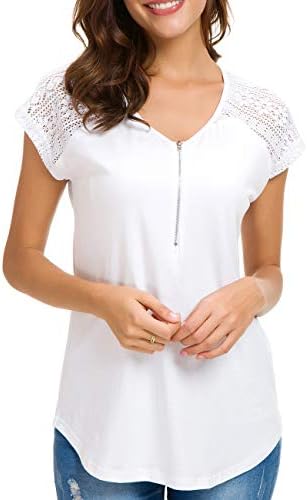 LUSMAY Women White Lace Shirts Plain Casual Short Sleeve Zip Up V Neck Cotton Junior Blouse M