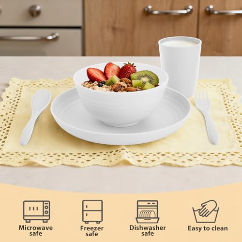 Image of Wheat Straw Dinnerware Sets Service for 4, Unbreakable Kids Plates and Bowls Set 20 PCS, Microwave & Dishwasher Safe Dishes Set for Dinner, Kitchen, Camping, PV, Dorm - White