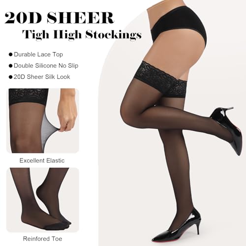 HONENNA Thigh High Stockings for Women, Non-Slip Silicone Black Sheer Lace Top Stay Up Sexy Lingerie2