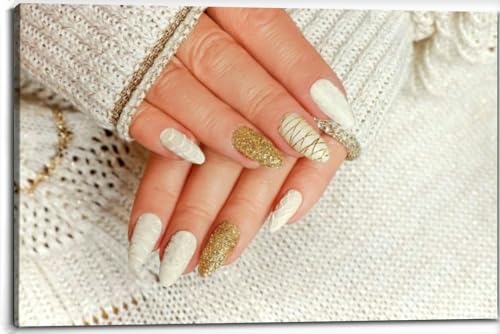 Knitted sand manicure long oval nails golden sequins and threads