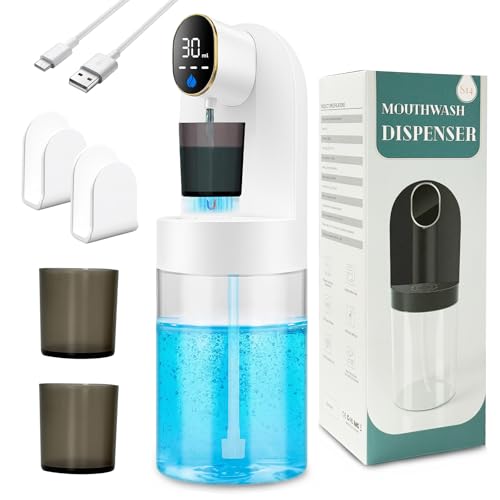Image of Automatic Mouthwash Dispenser for Bathroom, 21.12oz(600 ml)Touchless Smart Mouth Wash Dispensers Bathroom Accessories Set with 2 Magnetic Cups, 4 Modes Wall Mounted Mouth Wash Dispenser for Home & Kid