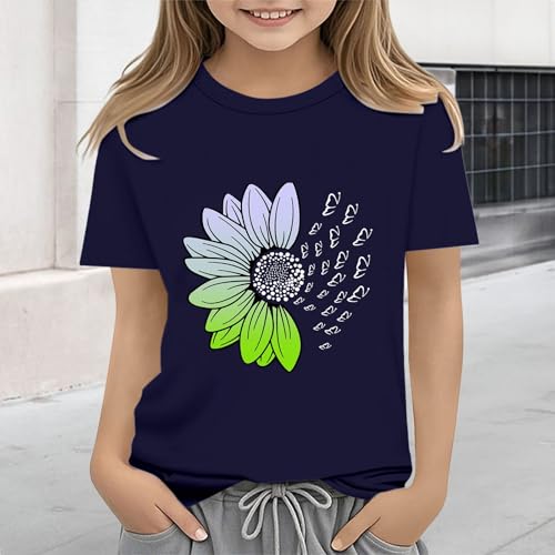 Girls Loose Fit Sunflower Graphic T Shirts Short Sleeve Crewneck Cute Pattern Printed Tops Kids (D-Dark Blue, 6-7 Years)4