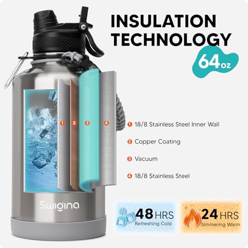 Image of Swigina [2-IN-1 LID] 64 oz Insulated Water Bottle with Silicone Boot (48hrs Cold /24hrs Hot) - DIY Stickers, Leakproof, BPA Free, Half Gallon
