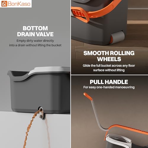 Image of BonKaso Turbo Spin Mop with Bucket Set, 360 Degree Microfiber Floor Cleaning Mop and Pocha, Stainless Steel Wringer, Adjustable Steel Handle, Big Wheels and Drain Valve for Tiles and Marble