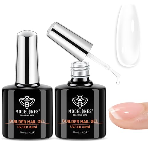 Image of modelones Builder Nail Gel, 2 Pcs Clear Builder Nail Polish, 8-in-One Rubber Color Hard Gel Base Coat for Apex Building Thickening Extension DIY Home Salon Gifts LED Lamp Cured