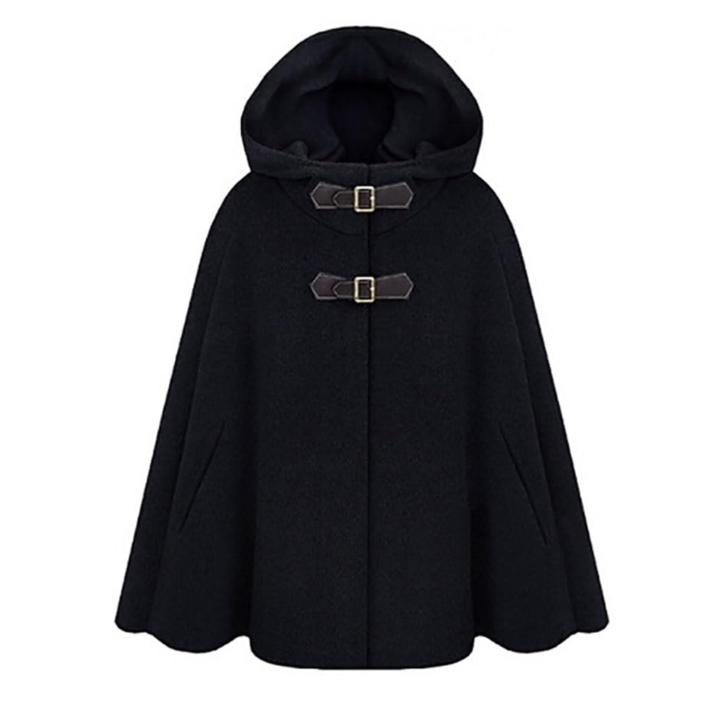 Capa con Capucha Mujer Abrigo Invierno Largo Poncho Mezcla de Lana con hebilla