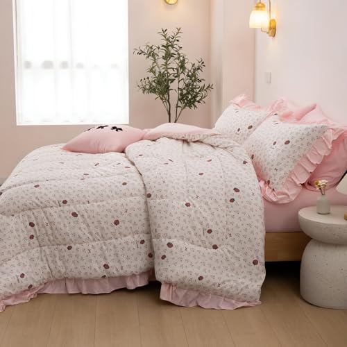 Image of A Nice Night Red Bow Comforter Set,Ruffle 6Pcs Bed in a Bag Matching Sheet Set, Bowknot Bedding Sets,Princess Style Strawberry Flower Printed Room Decor for Girls,Queen