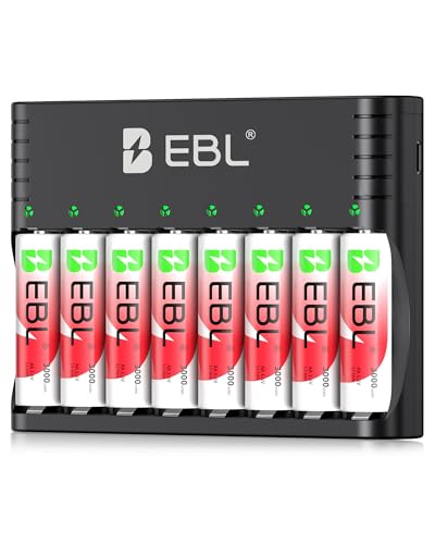 EBL Chargeur de Piles Li-ION/Ni-MH, Chargeur de Piles Universel pour 1,5V Li-ION et 1,2V NiMH Piles Recgargeables, + 8PCS AA Piles Li-ION 1.5V, 1600+ Cycles de Charge