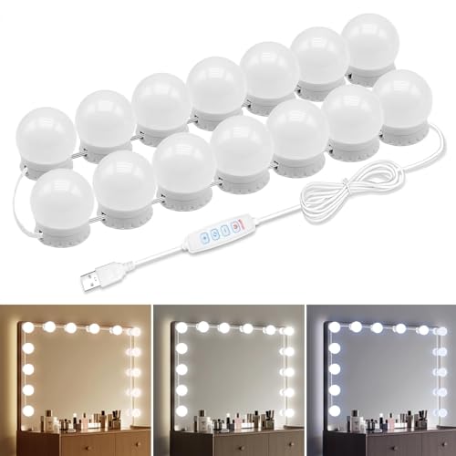 LED Vanity Mirror Lights 14 Dimmable Bulbs - Hollywood Style | Adjustable Color Brightness USB Powered Self-Adhesive for Makeup Table Dressing Room
