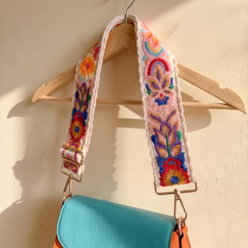Image of Crochet Flower Purse Strap Embroidery Crossbody Shoulder | 2inch wide colorful floral knit purse straps crossbody replacement adjustable flower fashion for handbag guitar women