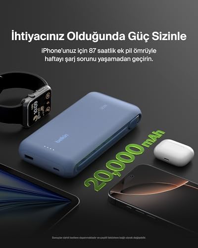 Belkin Taşınabilir Şarj Cihazı, 20K Entegre Kablolu Taşınabilir, 30 W Güç İletimli Hızlı Şarj, USB-C, iPhone 17, iPad Pro, Galaxy S25 Serisi ve Daha Fazlası, Mavi - Görsel 4