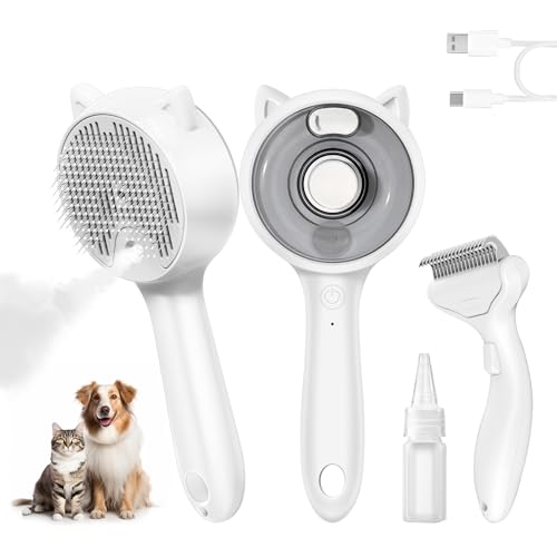 2-in-1 Dampf-Katzenbürste & Unterwolle-Entferner Set - Profi-Tierpflegebürste mit 2-Stufen-Kaltnebel Entfilzen & Massage USB-ladbar Großvolumen-Wassertank für Lang- & Kurzhaarige Hunde & Katzen