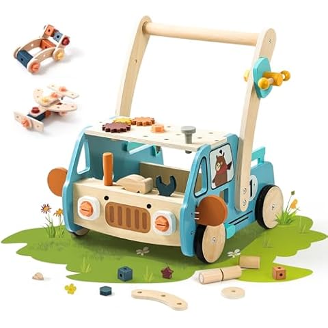 OESSUF 2-in-1 Wooden Baby Walker with 40 PCS Tool Toys – Baby Push Walker for 6-12 Months, Activity Center for Toddlers Aged 1-3 Years, Montessori Toy for Boys and Girls (Blue) Cover