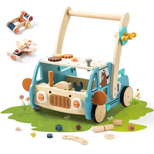 OESSUF 2-in-1 Wooden Baby Walker with 40 PCS Tool Toys – Baby Push Walker for 6-12 Months, Activity Center for Toddlers Aged 1-3 Years, Montessori Toy for Boys and Girls (Blue)