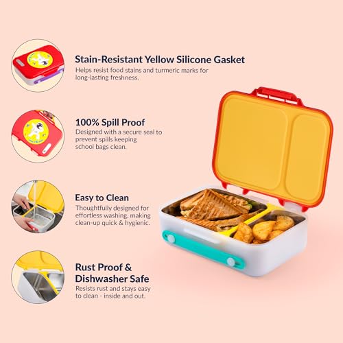 Image of rabitat Munchbee Pro Personalized Stainless Steel Kids Lunch Box 850ml- Food-Grade Steel Bento Tiffin | 2-Year Brand Warranty | Spill-Proof Flick-Lock | 3 Compartments, BPA-Free, School-Safe |Shyguy