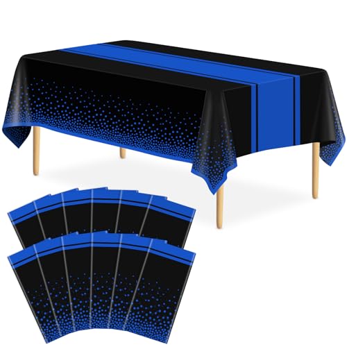 Image of 12 Pack Black and Blue Tablecloth Party Decorations Plastic Black Tablecloth Printed Blue Table Runner 54 x108 Inch Disposable Rectangle Table Cover for Birthday Wedding Graduation