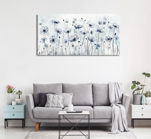 Image of VEAEE Framed Flowers Canvas Wall Art - Indigo Floral Canvas Pictures, Living Room Wall Decor, Botanical Canvas Prints Painting Abstract Artwork Bedroom Office Home Decor 24 inchx 48 inch