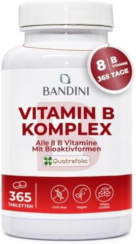 Bandini® Vitamin B Komplex Hochdosiert, 365 Tabletten für 12 Monate | B-Komplex mit alle 8 B-Vitamine B1, B2, B3, B5, B6, B7, B9, B12, Nervensystem, Stoffwechsel, Psychische Funkti