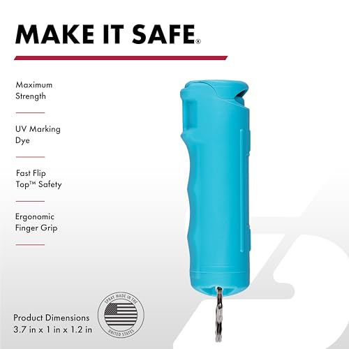 Image of SABRE Pepper Spray with Fast Flip Top Safety & Snap‑Clip Keychain for Self Defense - Maximum Police Strength OC with UV Marking Dye, Finger Grip, 10‑Sec. Spray, 14-ft Range, Made in USA, 0.54 fl oz