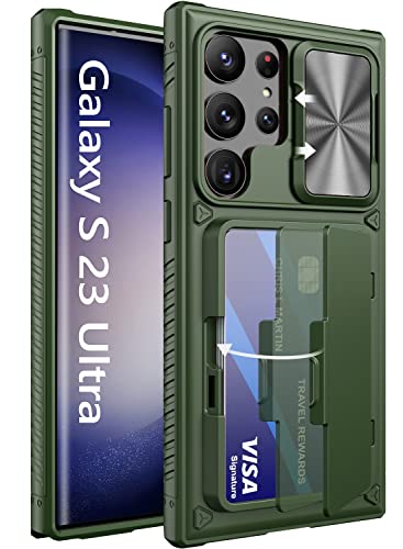 Image of Vihibii Polycarbonate For Samsung Galaxy S23 Ultra Back Cover With Card Holder(4 Cards)& Slide Camera&Kickstand,Shockproof Case For Samsung S23 Ultra,Green