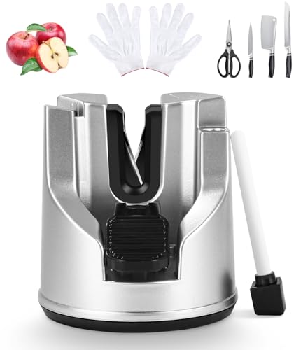 Knife Sharpener, Multifunktionale Saugnäpfe -Fixierung Messerschleifer, Einziehbarer V-Slot mit Polierstab Messer Schärfer, Geeignet für Gerade Klingen, Scheren und Gezackte Messer (Silber)